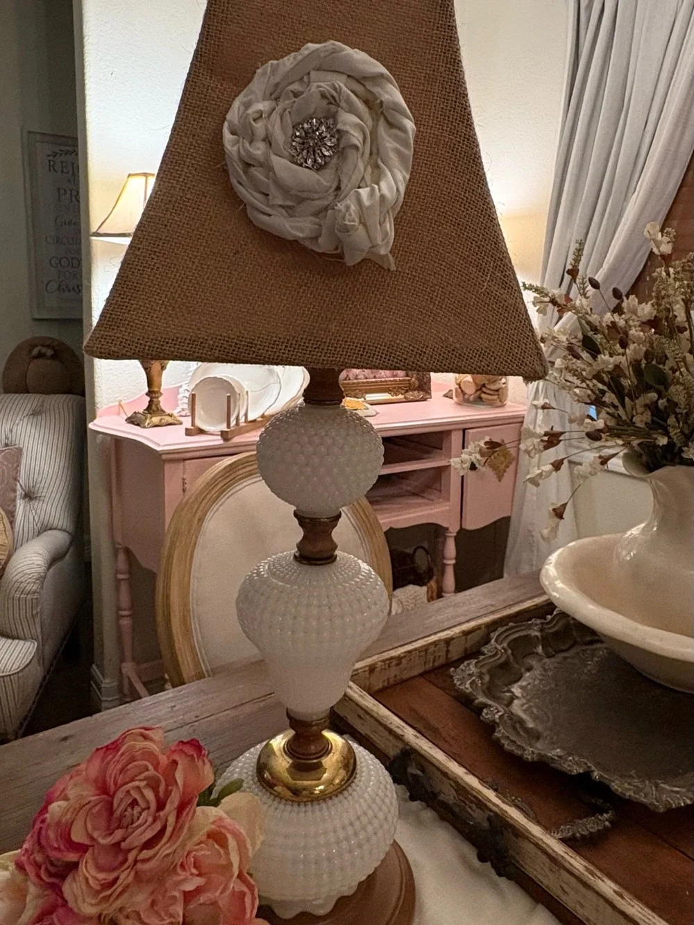 Elegant Cream Burlap Table Lamp with Floral Accent.  Vintage milk glass